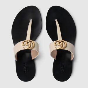 Gucci Double-G White Leather, Gold, and Black Flip Flops